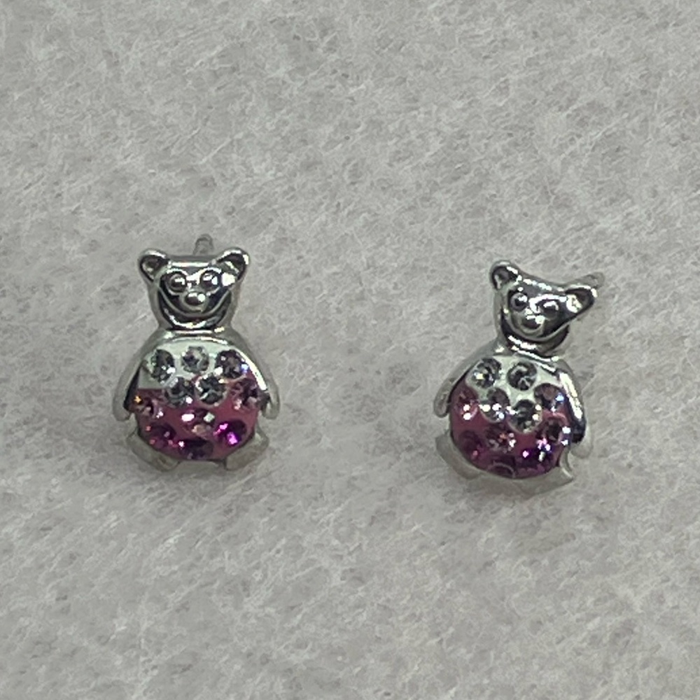 Vtg 925 Sterling Silver Pink & White Crystal Mini Teddy Bear Stud Earrings